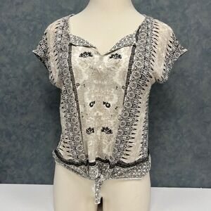 Lucky Brand Tie-Front Top Blouse‎ Paisley Print Short Sleeve L